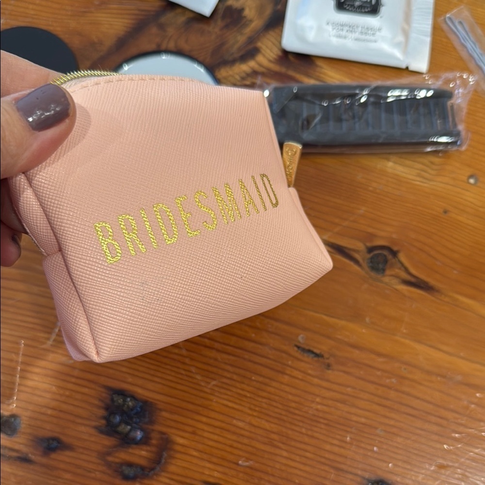 Light Pink Cosmetic Bag with Gold Bridesmaid Text and wedding day essentials - Picture 7 of 8